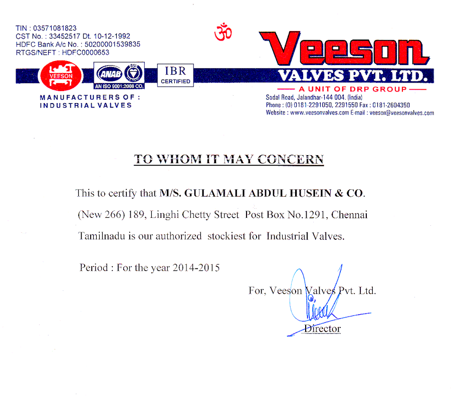 veeson-valves-authorised-distributor-DEALER-CERT-CHENNAI